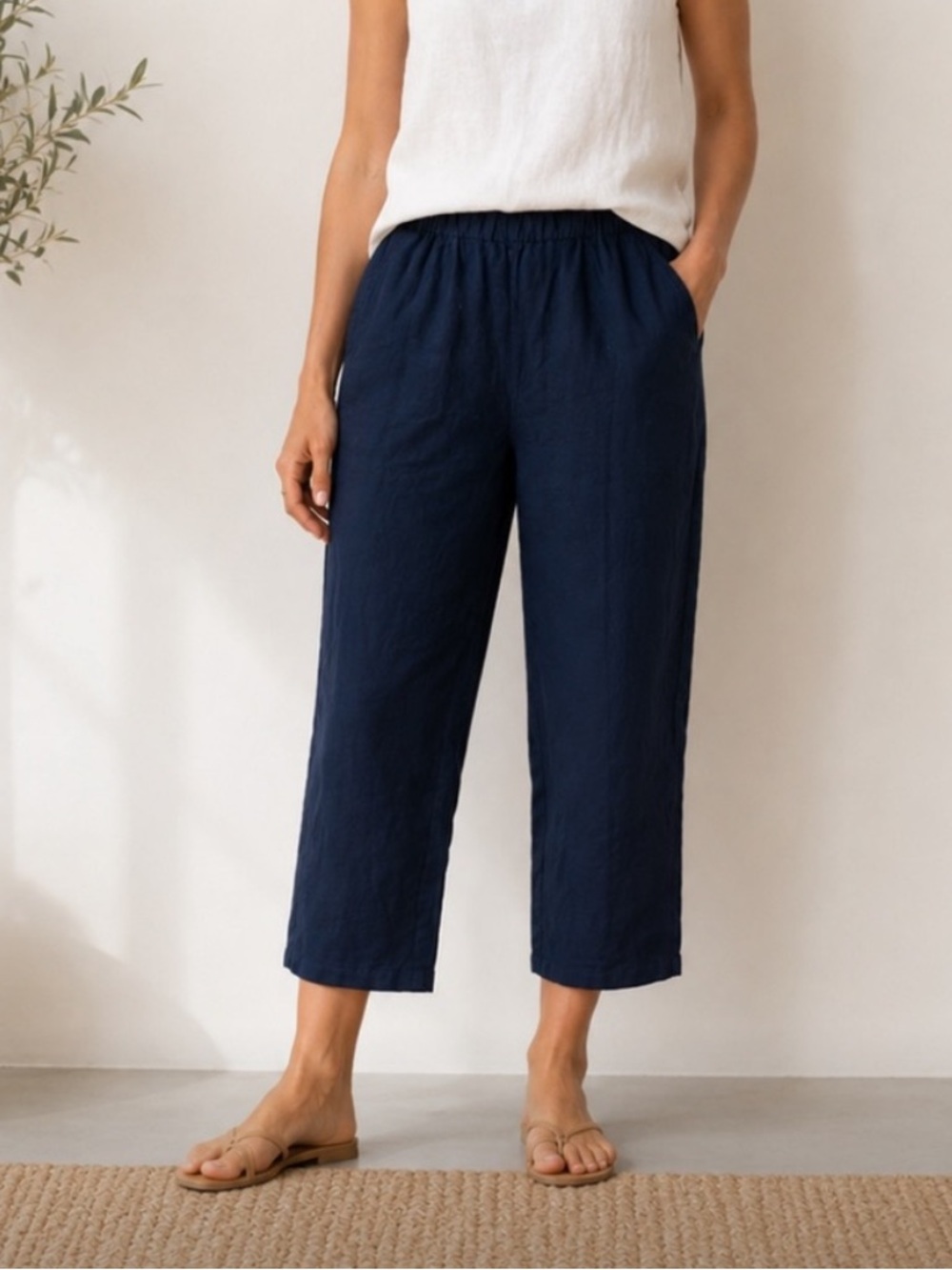 J. Jill Navy Cropped Elastic-Waist Linen Pants